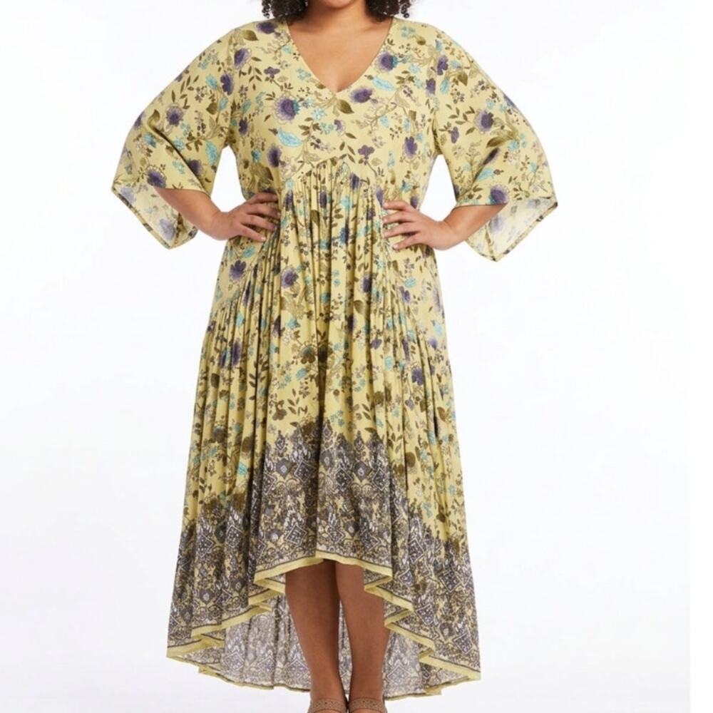Evans Floral Maxi Dress Boho V Neck Blue Green Print Size 22 24